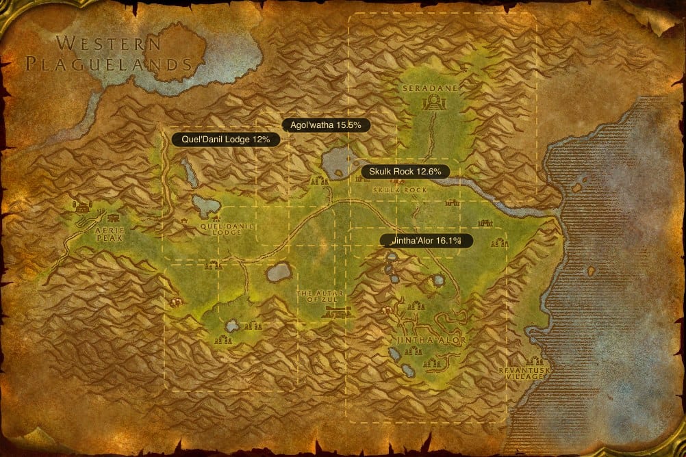Map of The Hinterlands showing where to fish Raw Nightfin Snapper: 7 named stretches of water