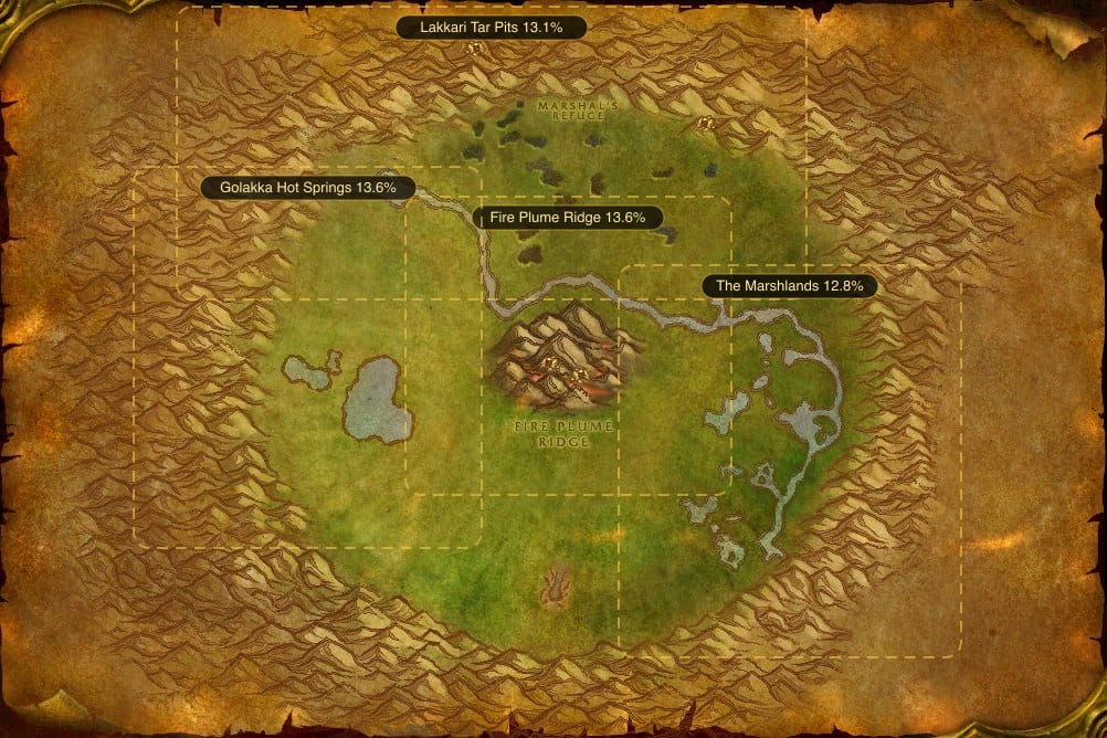 Map of Un'Goro Crater showing where to fish Raw Nightfin Snapper: 4 named stretches of water