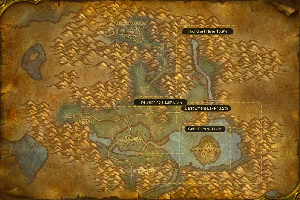 Map of Western Plaguelands showing where to fish Raw Nightfin Snapper: 5 named stretches of water