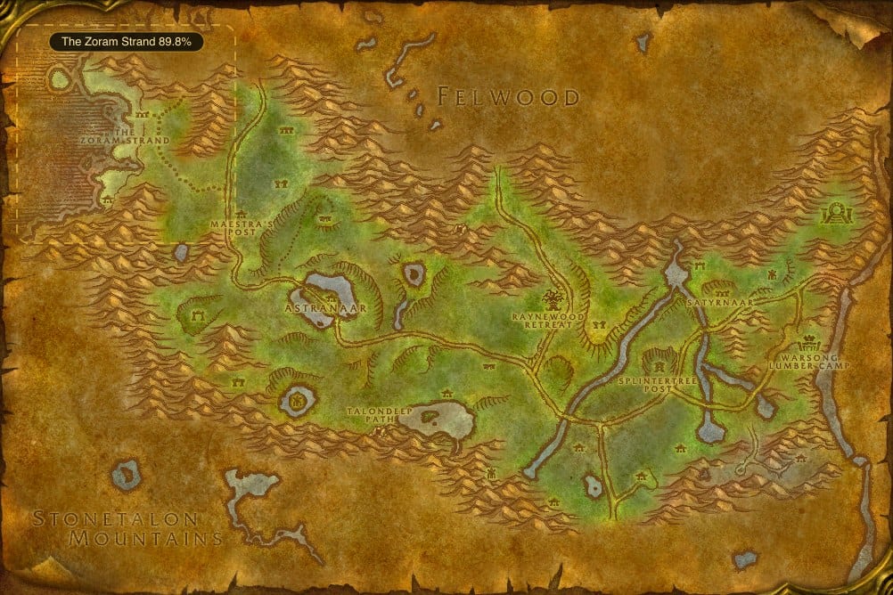 Map of Ashenvale showing where to fish Raw Rainbow Fin Albacore: one named stretch of water