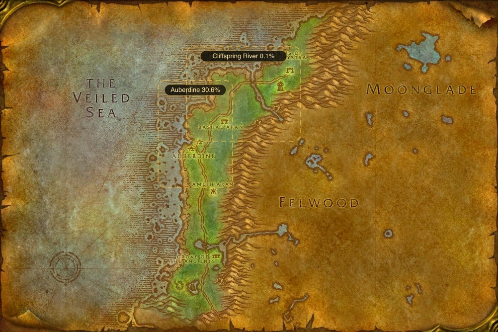 Map of Darkshore showing where to fish Raw Rainbow Fin Albacore: 2 named stretches of water