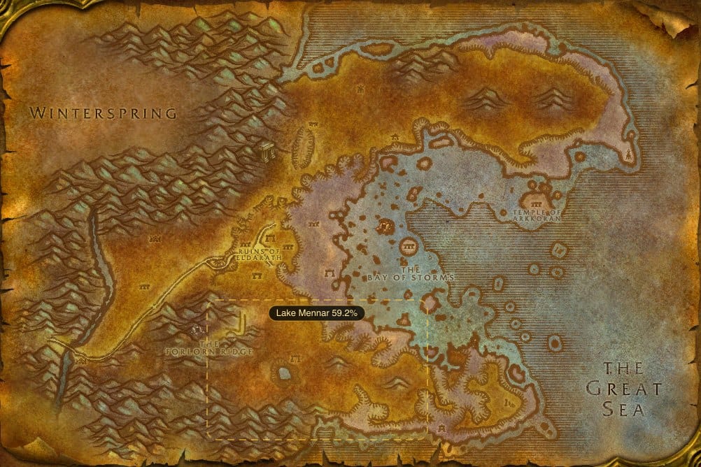 Map of Azshara showing where to fish Raw Redgill: one named stretch of water