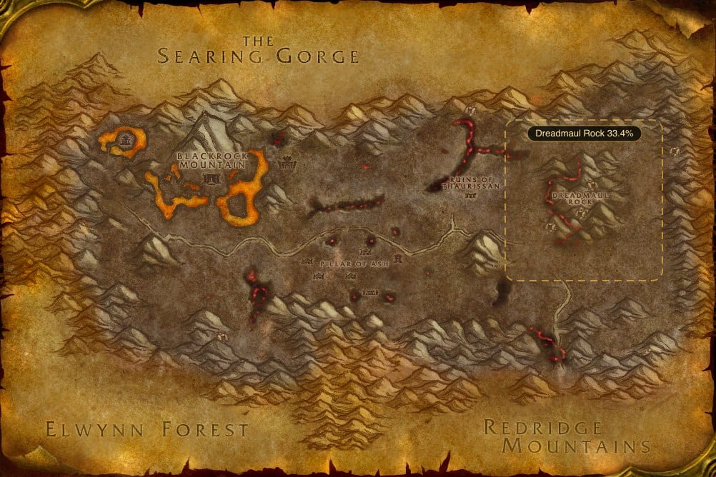 Map of Burning Steppes showing where to fish Raw Redgill: one named stretch of water