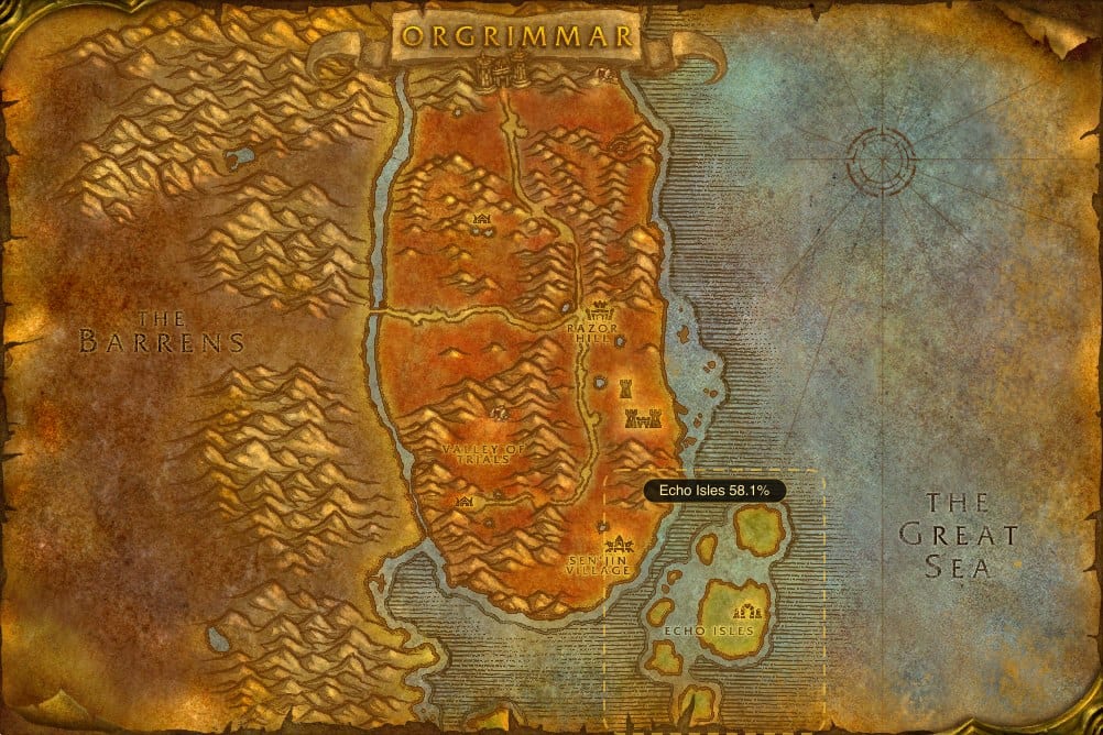 Map of Durotar showing where to fish Raw Redgill: one named stretch of water