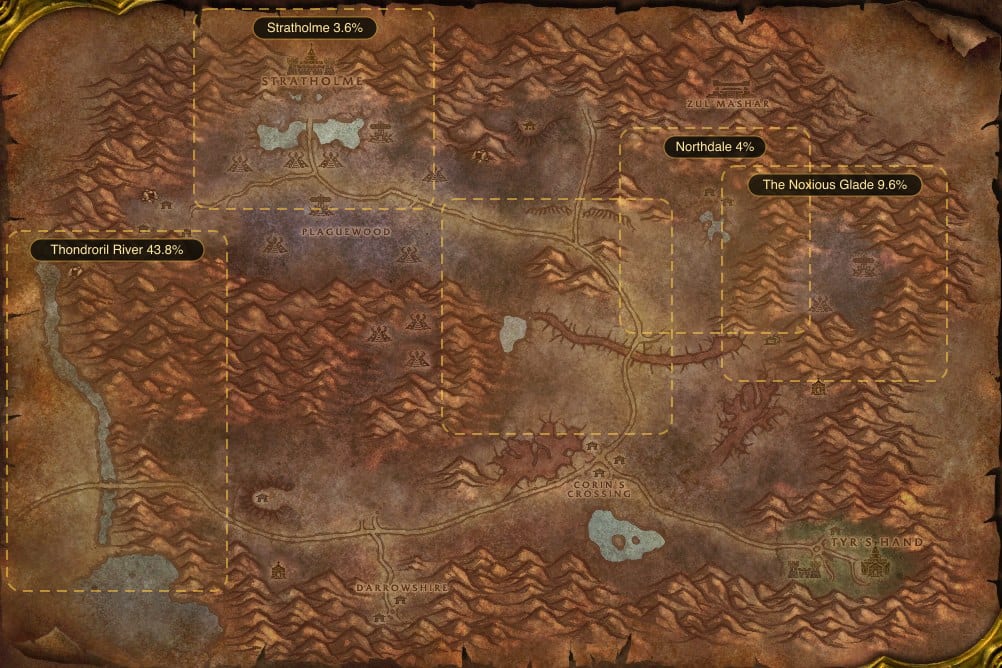 Map of Eastern Plaguelands showing where to fish Raw Redgill: 5 named stretches of water