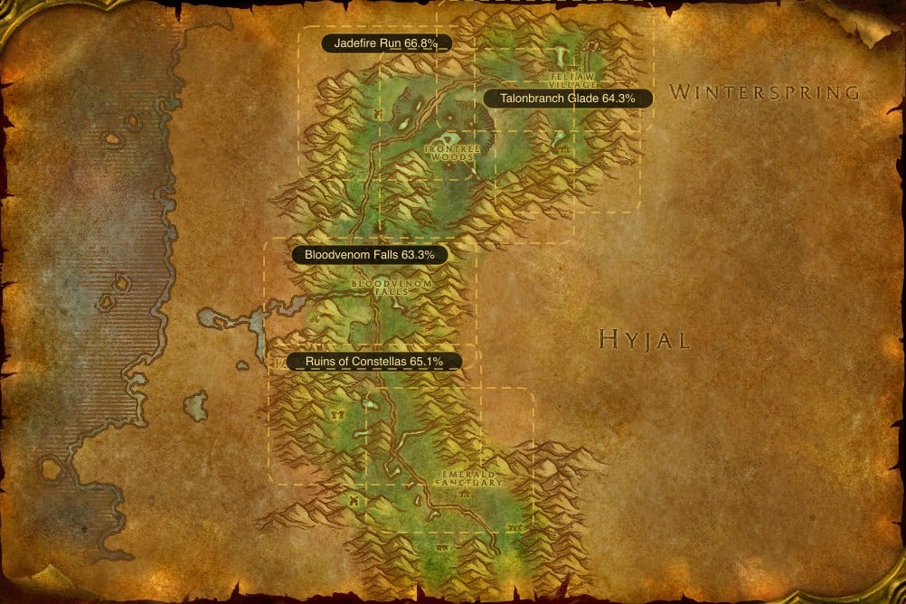 Map of Felwood showing where to fish Raw Redgill: 7 named stretches of water