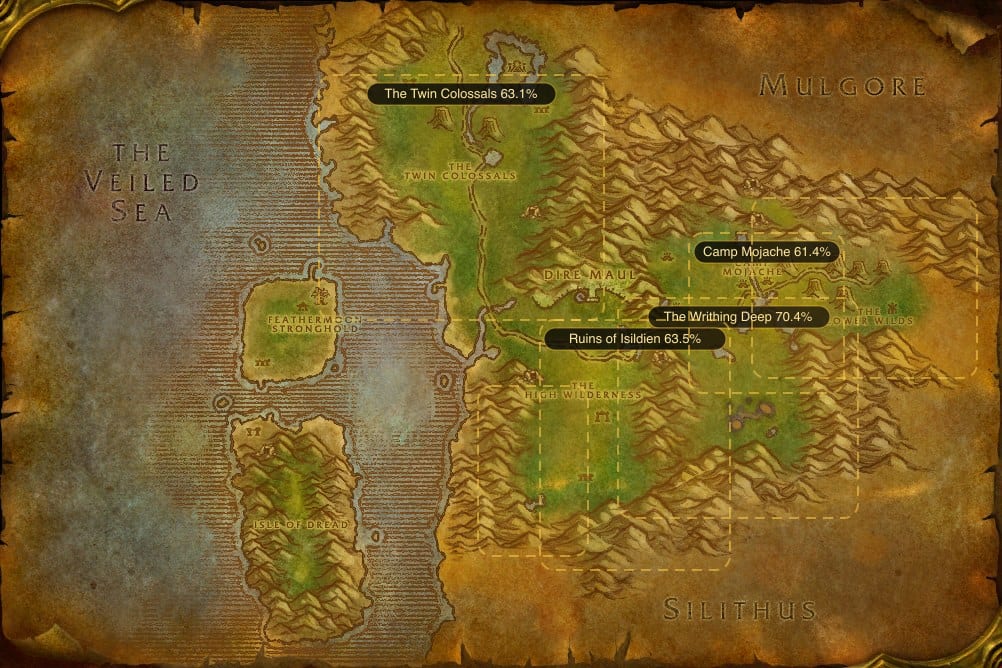 Map of Feralas showing where to fish Raw Redgill: 6 named stretches of water