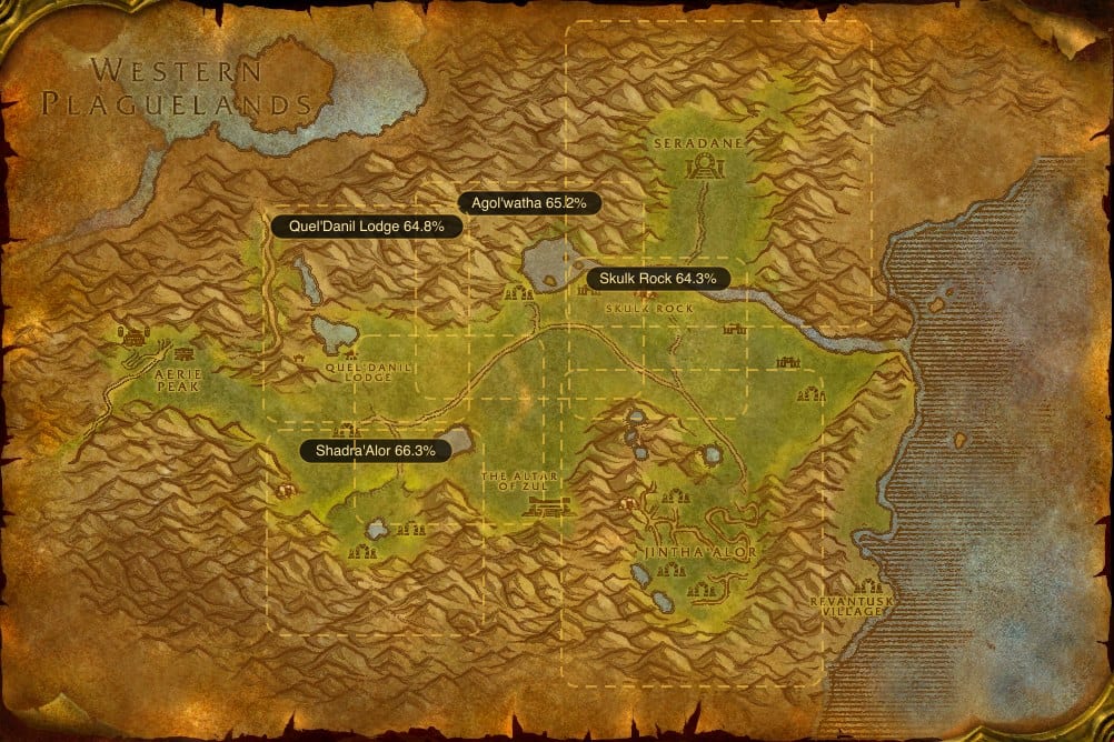 Map of The Hinterlands showing where to fish Raw Redgill: 7 named stretches of water