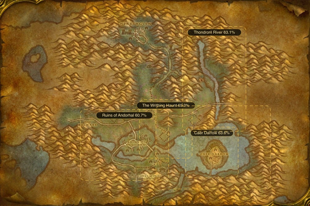 Map of Western Plaguelands showing where to fish Raw Redgill: 5 named stretches of water