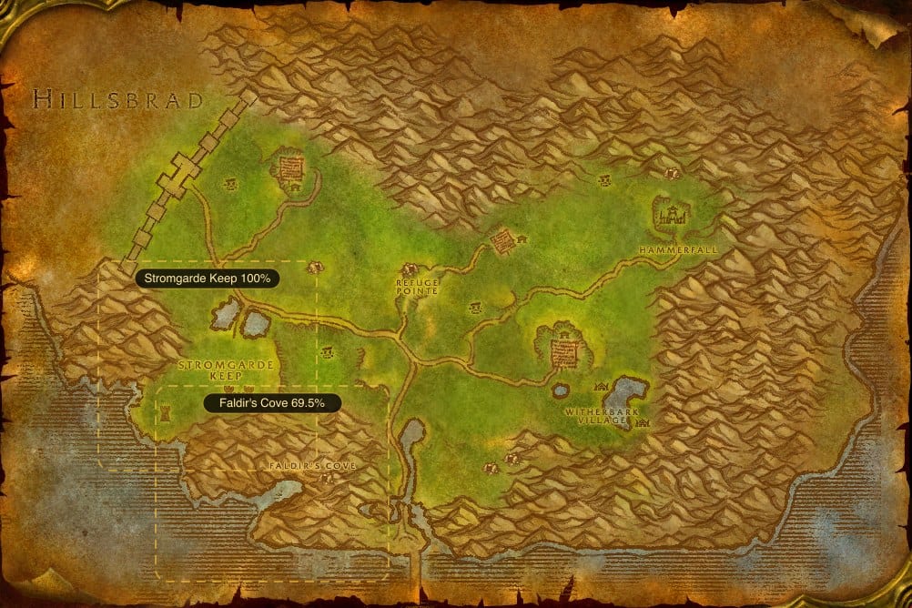 Map of Arathi Highlands showing where to fish Raw Rockscale Cod: 2 named stretches of water