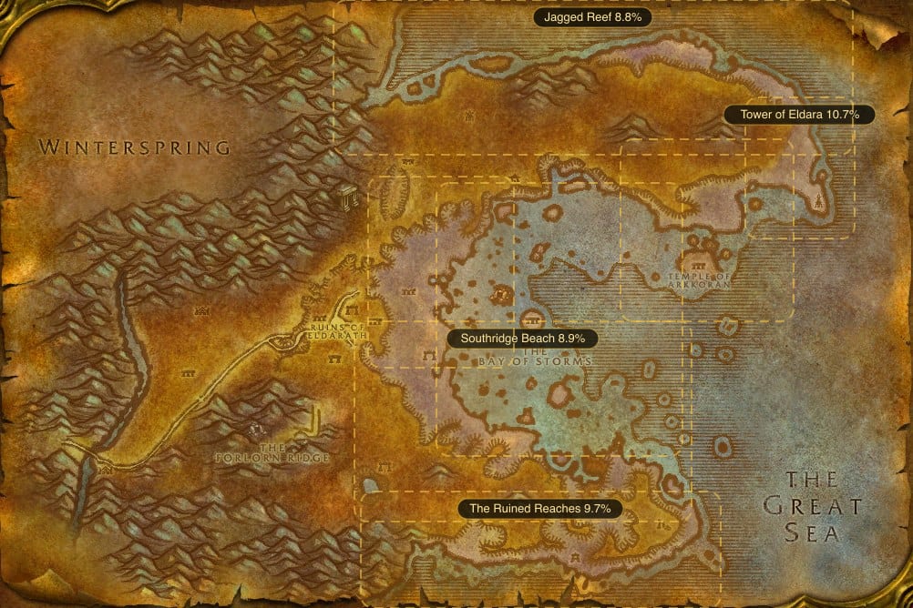 Map of Azshara showing where to fish Raw Rockscale Cod: 7 named stretches of water