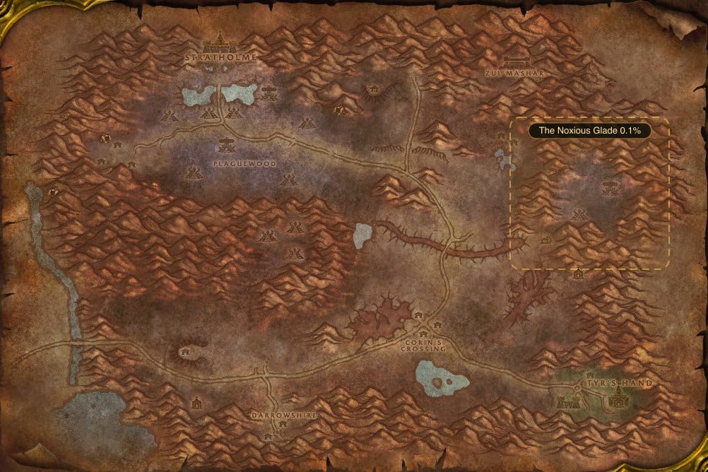 Map of Eastern Plaguelands showing where to fish Raw Rockscale Cod: one named stretch of water
