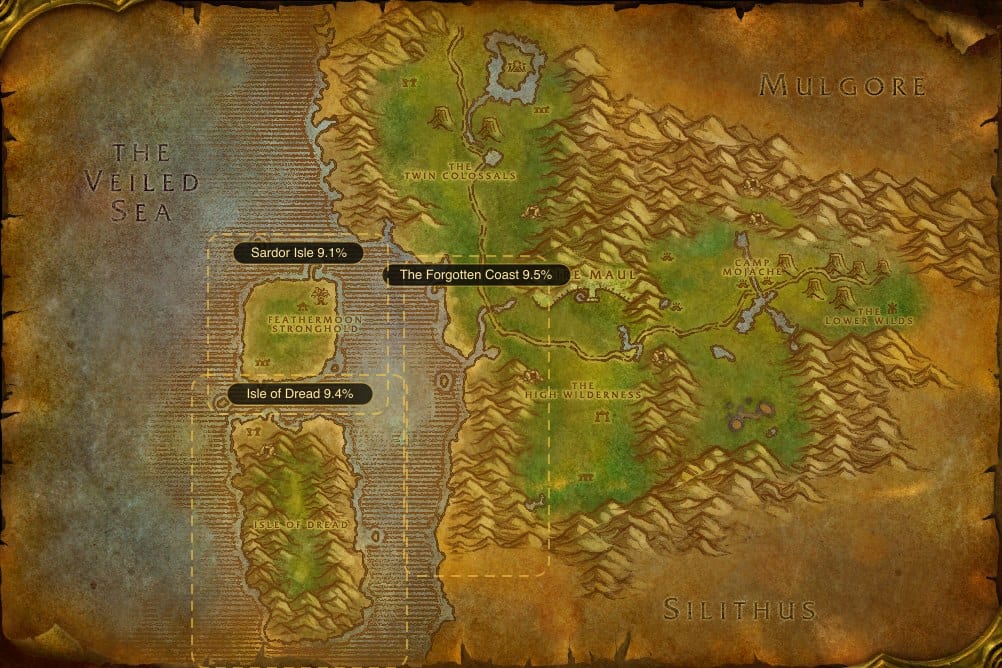 Map of Feralas showing where to fish Raw Rockscale Cod: 3 named stretches of water