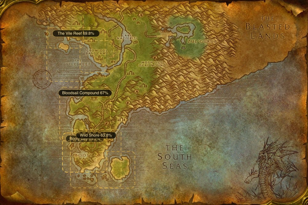 Map of Stranglethorn Vale showing where to fish Raw Rockscale Cod: 8 named stretches of water