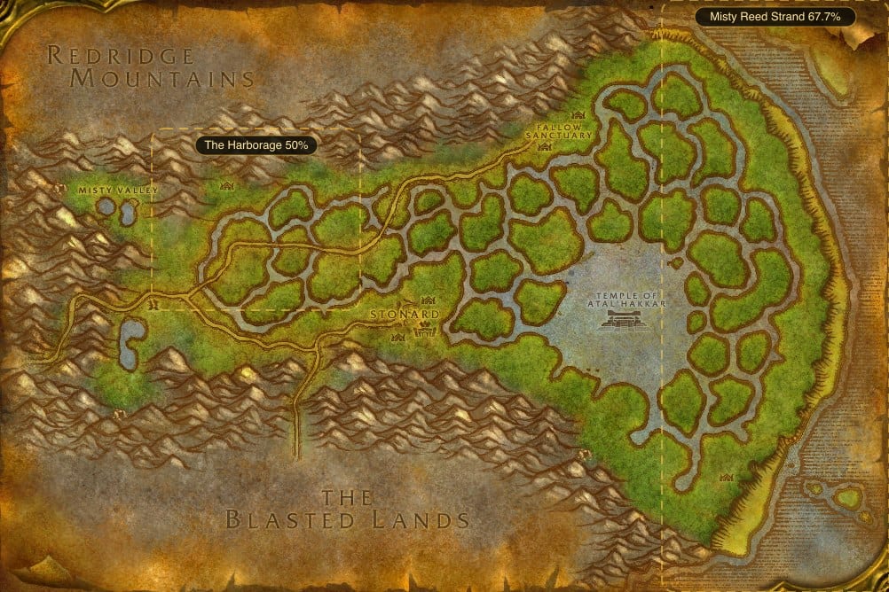 Map of Swamp of Sorrows showing where to fish Raw Rockscale Cod: 2 named stretches of water