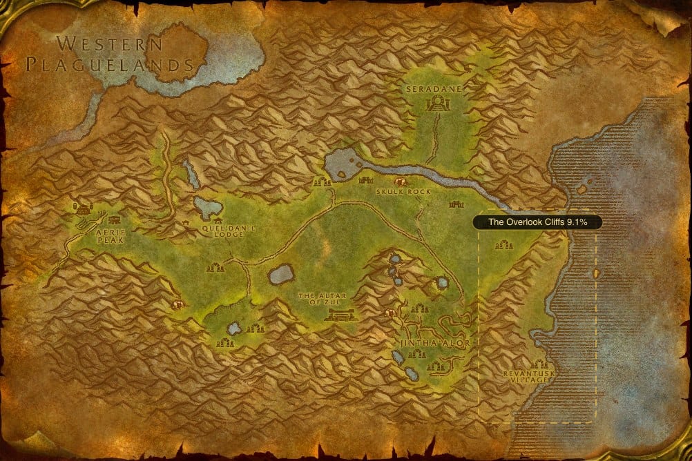Map of The Hinterlands showing where to fish Raw Rockscale Cod: one named stretch of water