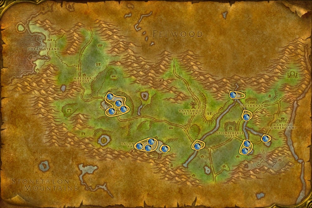 Map of Ashenvale showing where to fish Raw Sagefish: 25 fishing pools