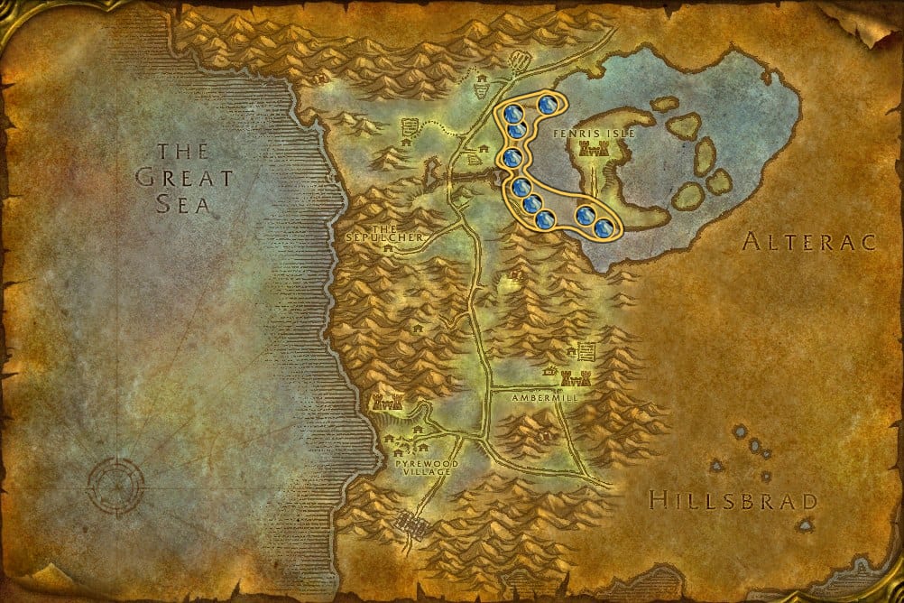 Map of Silverpine Forest showing where to fish Raw Sagefish: 15 fishing pools