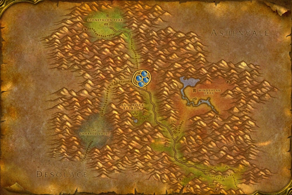Map of Stonetalon Mountains showing where to fish Raw Sagefish: 6 fishing pools