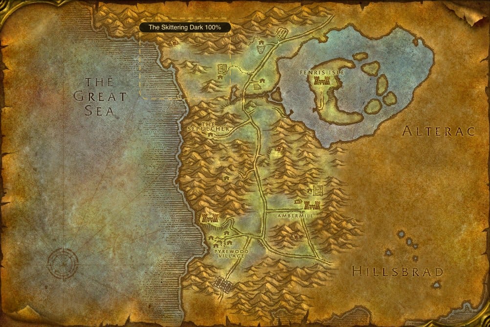 Map of Silverpine Forest showing where to fish Raw Slitherskin Mackerel: one named stretch of water