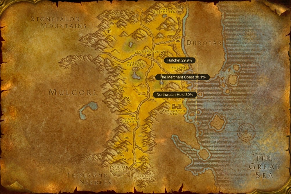 Map of The Barrens showing where to fish Raw Slitherskin Mackerel: 3 named stretches of water