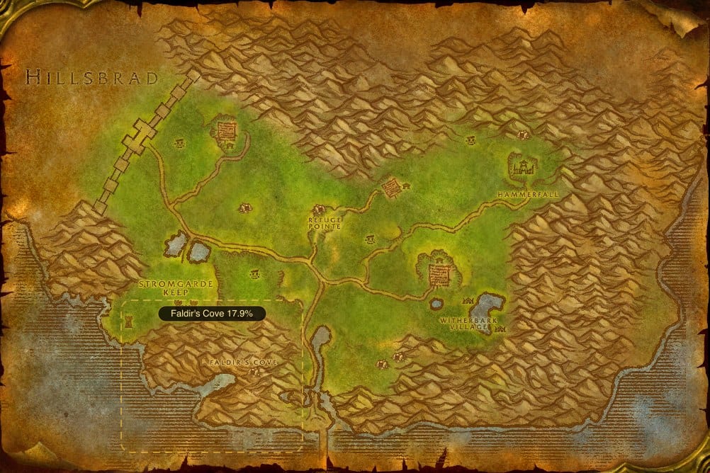 Map of Arathi Highlands showing where to fish Raw Spotted Yellowtail: one named stretch of water