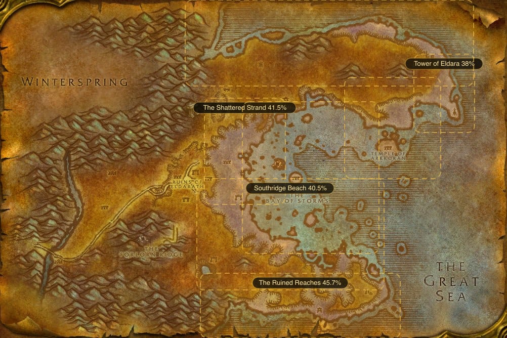 Map of Azshara showing where to fish Raw Spotted Yellowtail: 7 named stretches of water