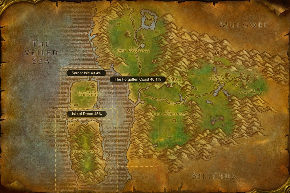 Map of Feralas showing where to fish Raw Spotted Yellowtail: 3 named stretches of water