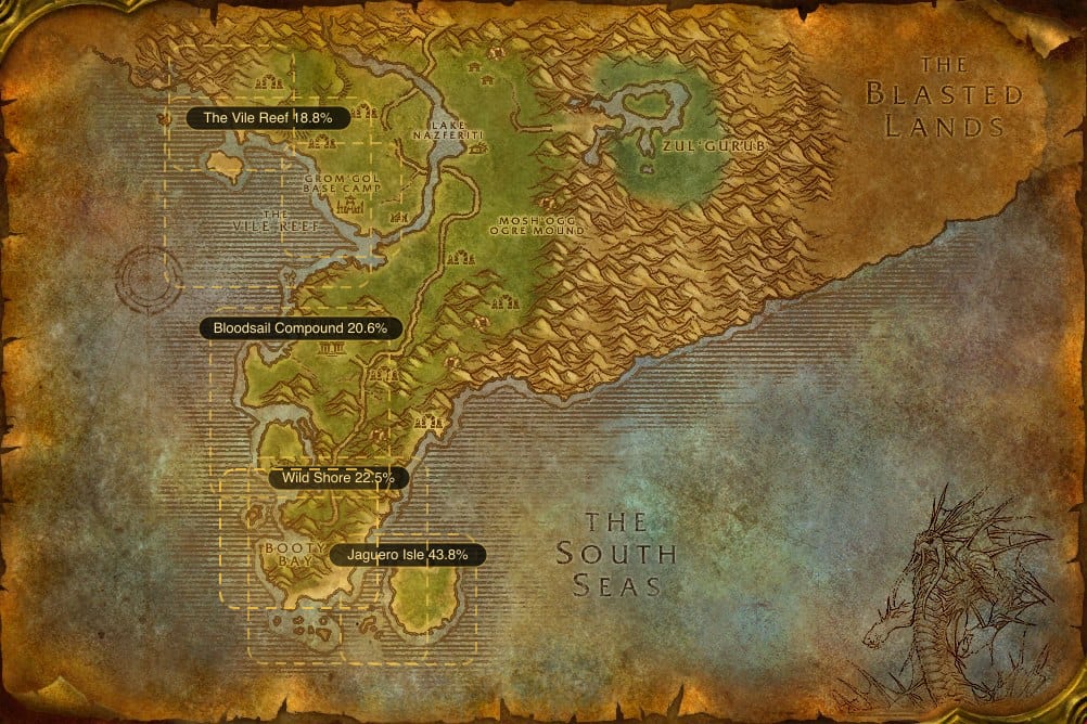 Map of Stranglethorn Vale showing where to fish Raw Spotted Yellowtail: 8 named stretches of water