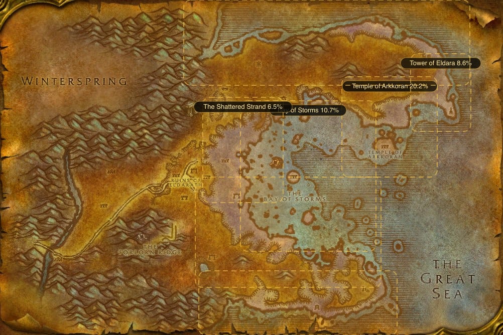 Map of Azshara showing where to fish Raw Summer Bass: 7 named stretches of water