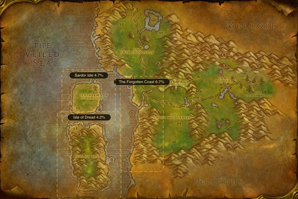 Map of Feralas showing where to fish Raw Summer Bass: 3 named stretches of water