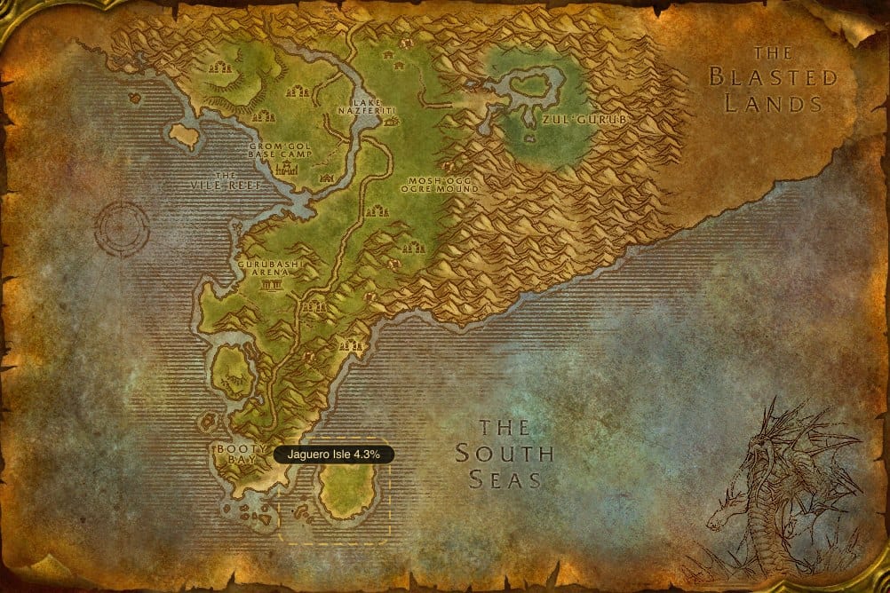 Map of Stranglethorn Vale showing where to fish Raw Summer Bass: one named stretch of water