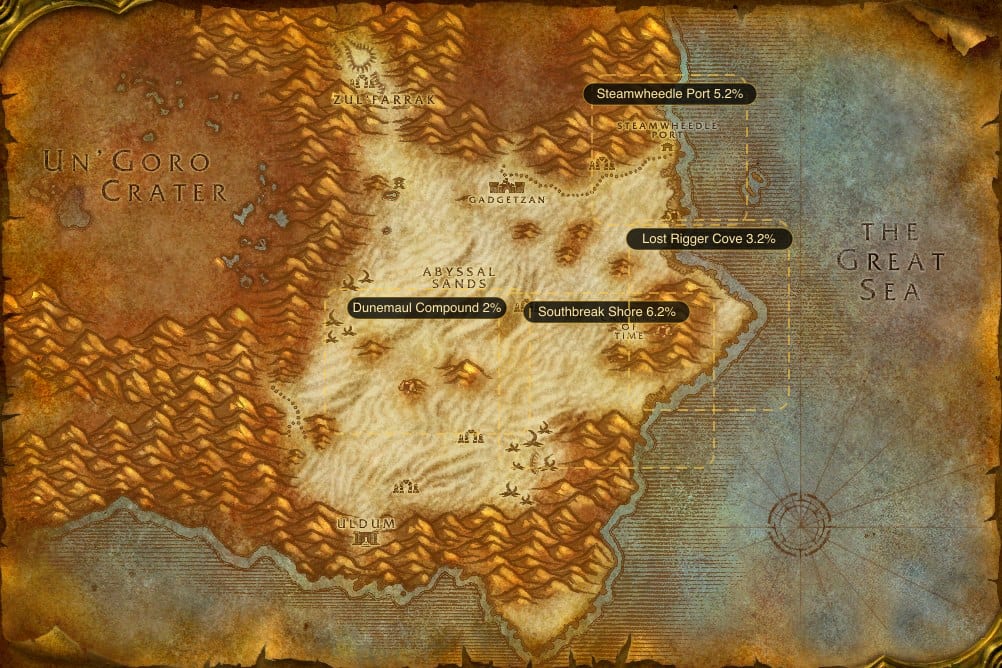 Map of Tanaris showing where to fish Raw Summer Bass: 4 named stretches of water