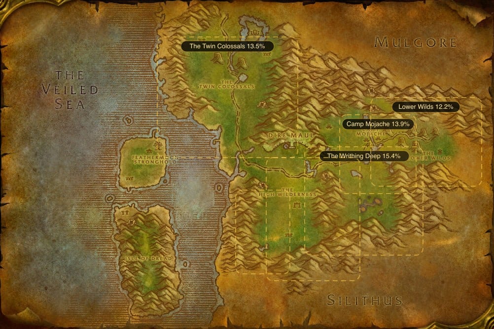 Map of Feralas showing where to fish Raw Sunscale Salmon: 6 named stretches of water