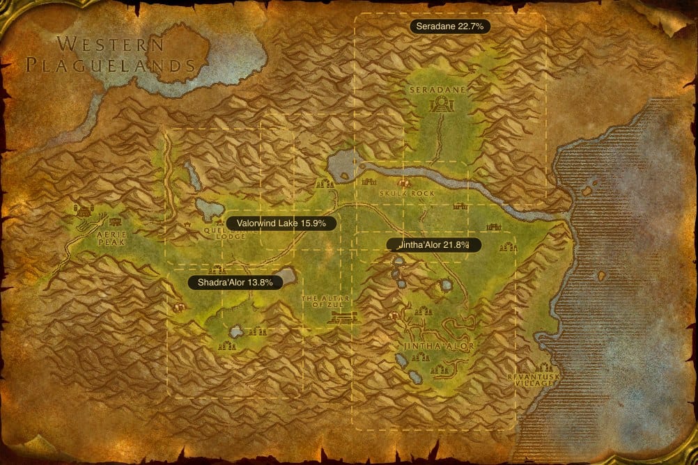 Map of The Hinterlands showing where to fish Raw Sunscale Salmon: 7 named stretches of water