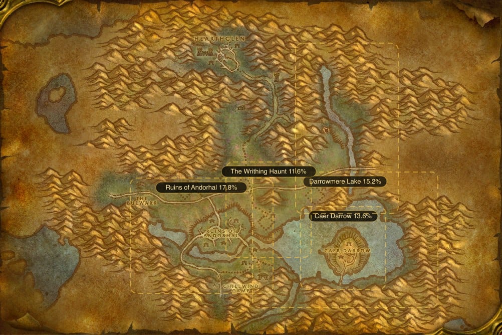 Map of Western Plaguelands showing where to fish Raw Sunscale Salmon: 5 named stretches of water