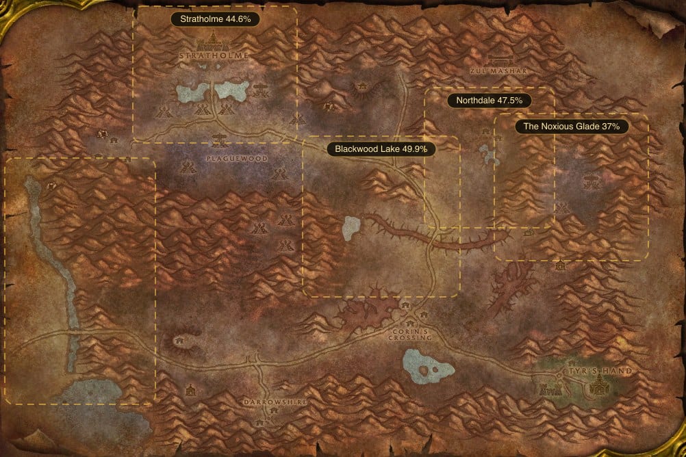 Map of Eastern Plaguelands showing where to fish Raw Whitescale Salmon: 5 named stretches of water