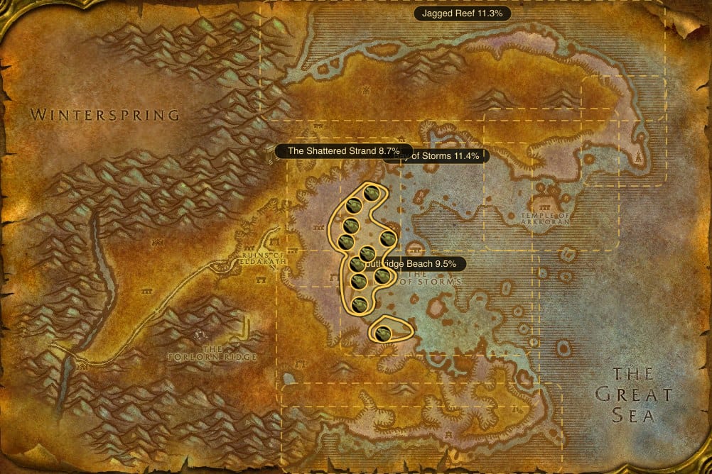 Map of Azshara showing where to fish Stonescale Eel: 16 fishing pools and 7 named stretches of water