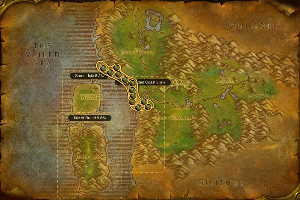 Map of Feralas showing where to fish Stonescale Eel: 24 fishing pools and 3 named stretches of water