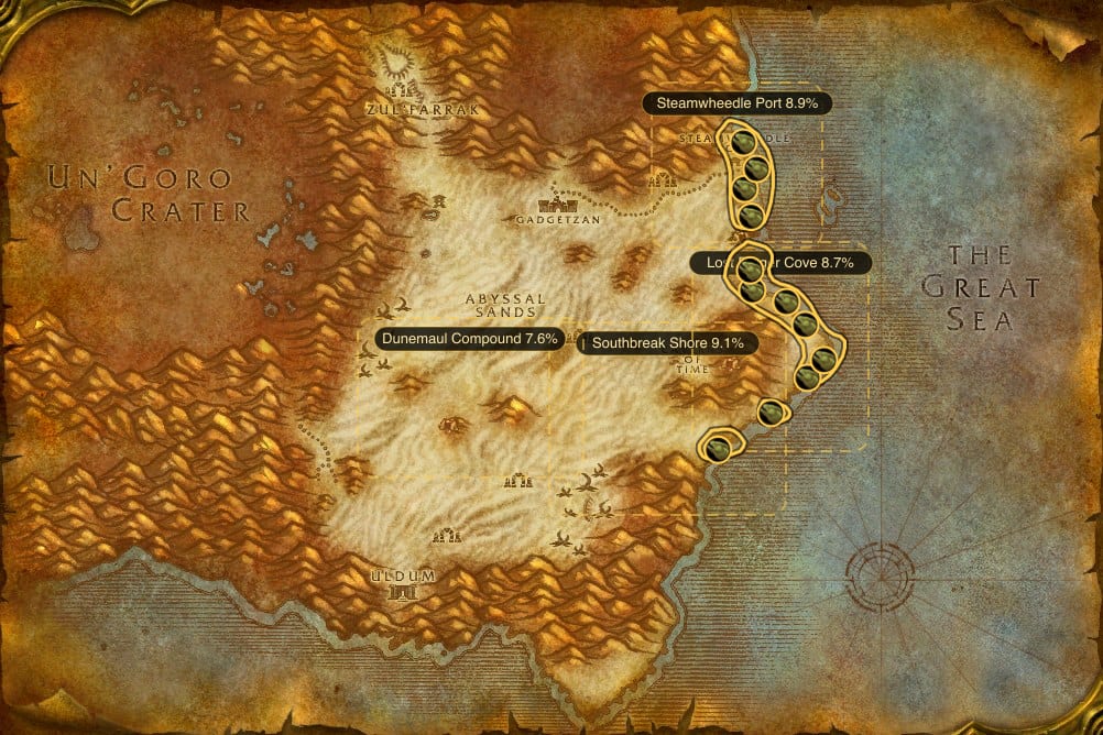 Map of Tanaris showing where to fish Stonescale Eel: 32 fishing pools and 4 named stretches of water