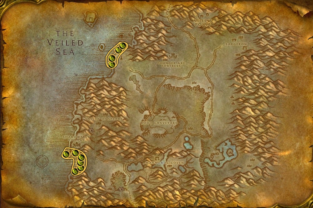 Map of Desolace showing where to fish Stranglekelp: 21 fishing pools