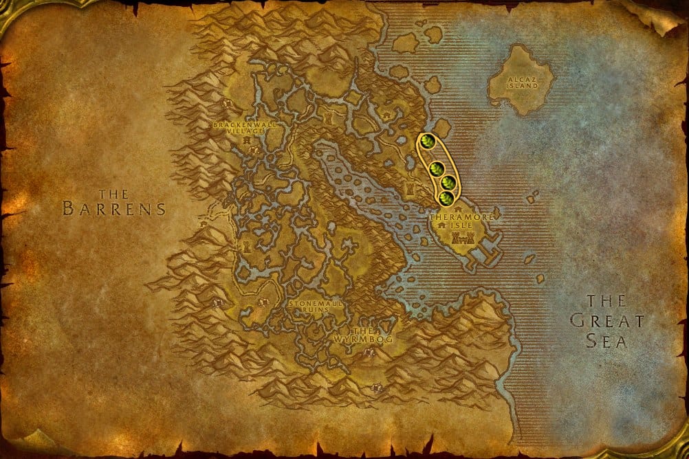 Map of Dustwallow Marsh showing where to fish Stranglekelp: 9 fishing pools