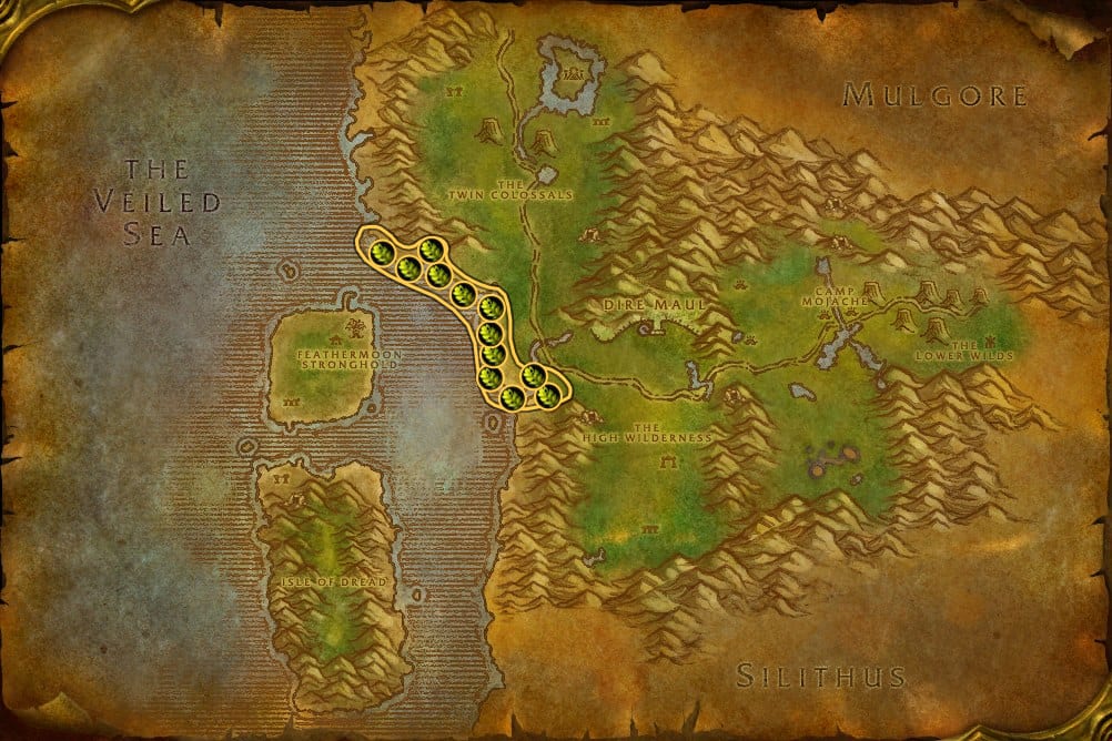 Map of Feralas showing where to fish Stranglekelp: 24 fishing pools