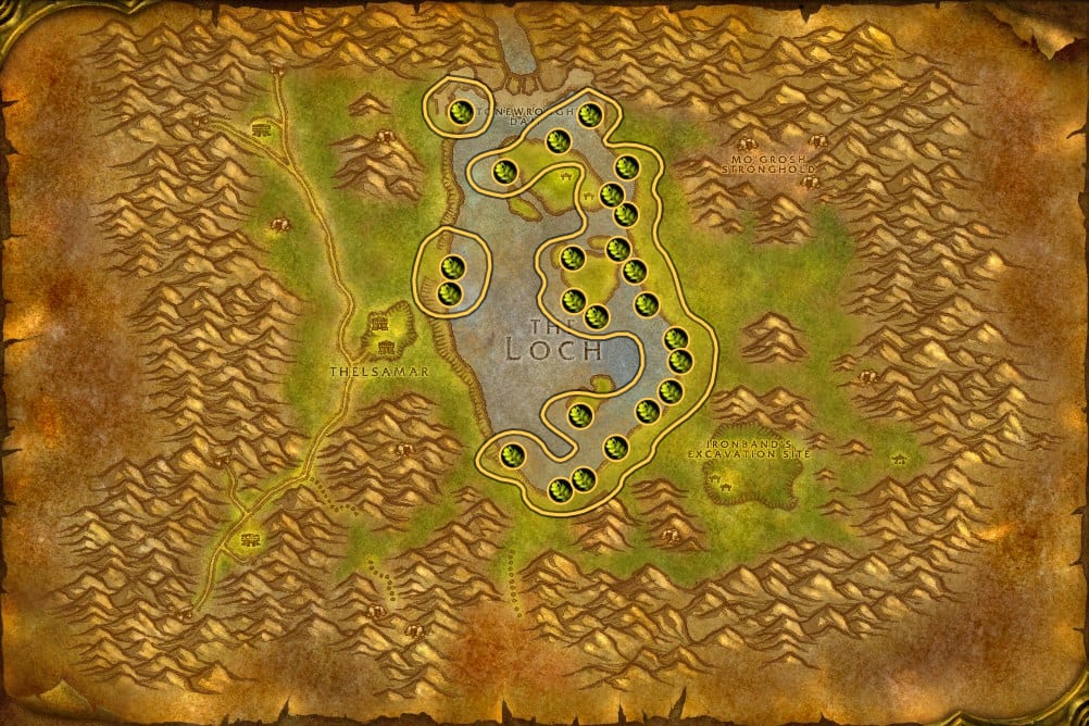 Map of Loch Modan showing where to fish Stranglekelp: 28 fishing pools