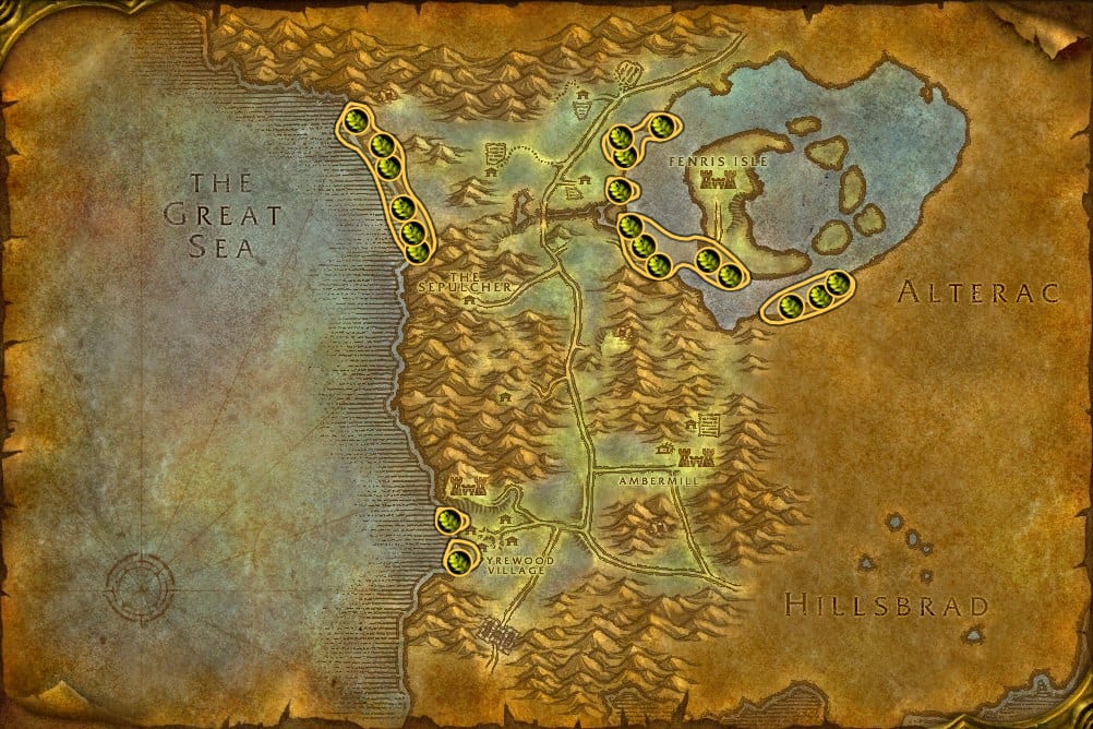 Map of Silverpine Forest showing where to fish Stranglekelp: 37 fishing pools