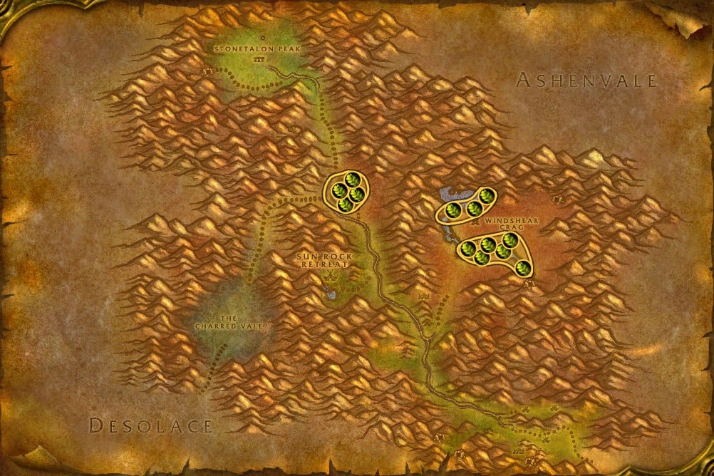 Map of Stonetalon Mountains showing where to fish Stranglekelp: 20 fishing pools