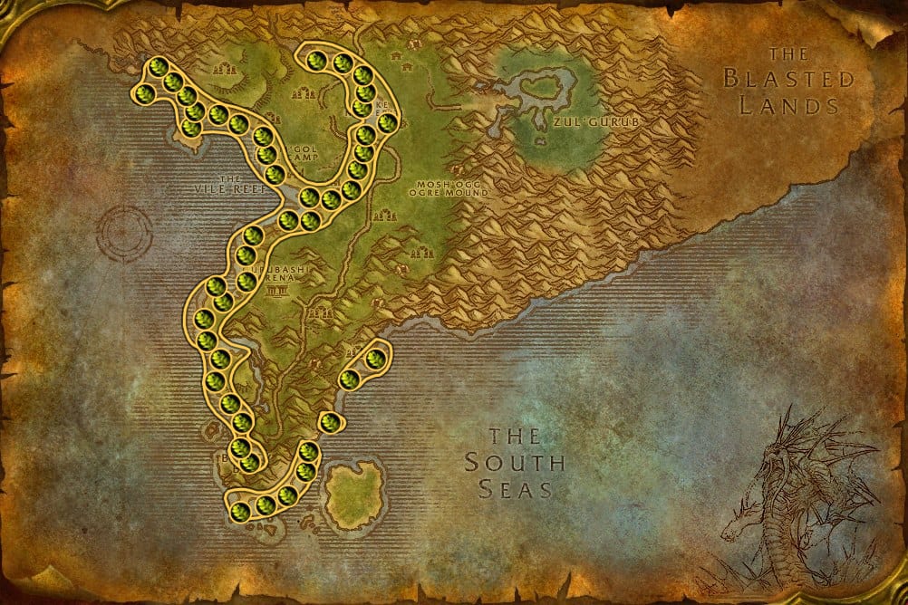 Map of Stranglethorn Vale showing where to fish Stranglekelp: 100 fishing pools