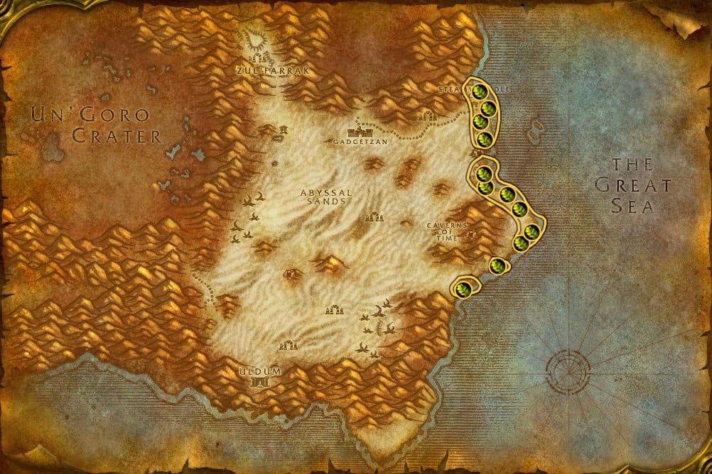 Map of Tanaris showing where to fish Stranglekelp: 32 fishing pools