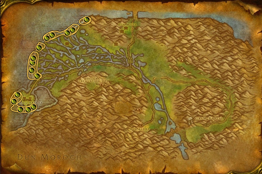 Map of Wetlands showing where to fish Stranglekelp: 26 fishing pools