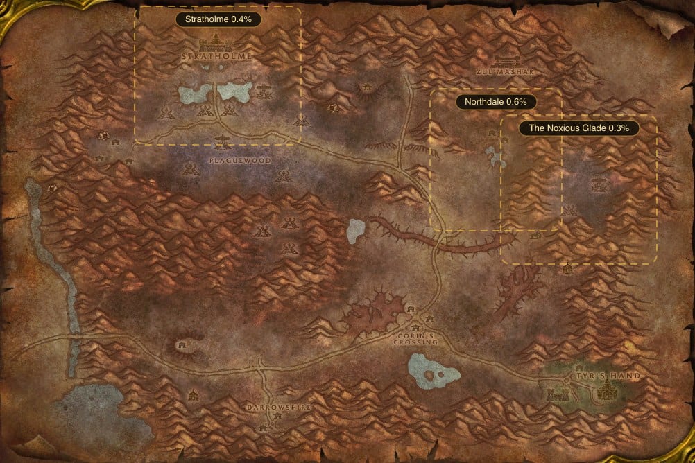 Map of Eastern Plaguelands showing where to fish Superior Mana Potion: 3 named stretches of water